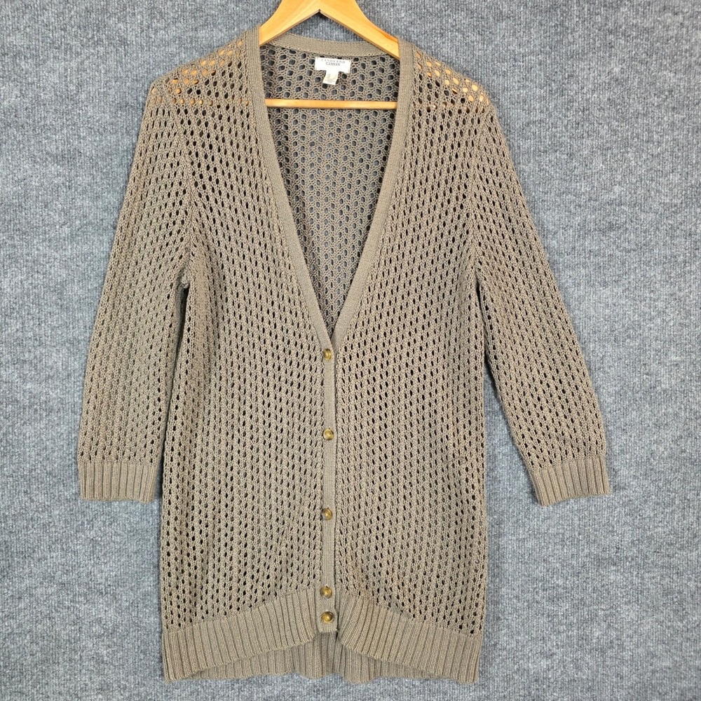 Lands End Canvas Womens Large Olive Open Knit Cotton Long Cardigan Sweater